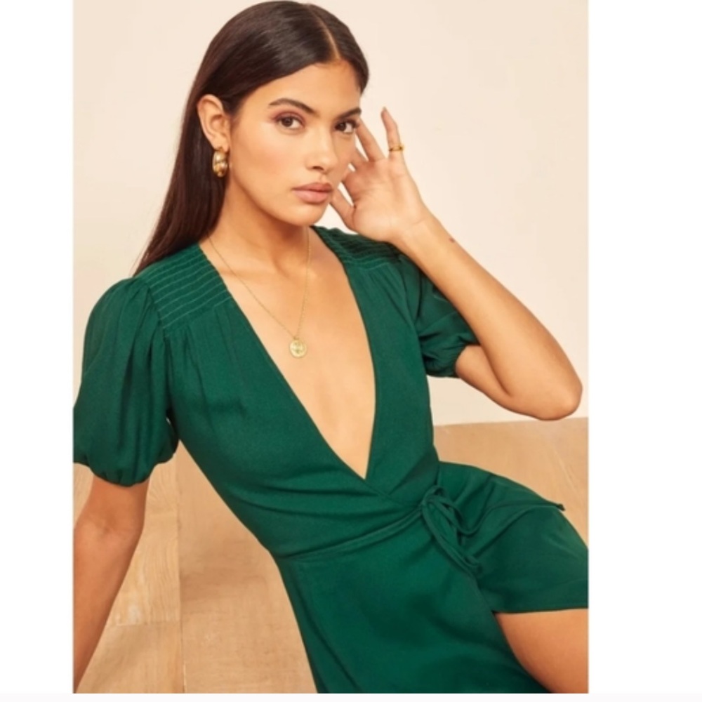 Reformation Augustina Emerald Green Plunge Wrap Midi Dress SP